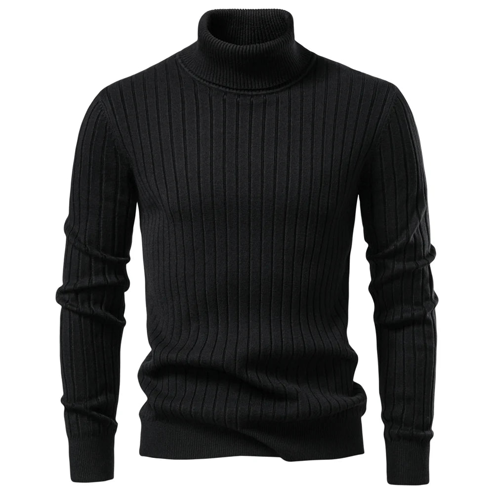 Men's Turtleneck Sweater Solid Colour With Striped Pullover Warm Knitwear Winter Casual High Quality Male Sweater