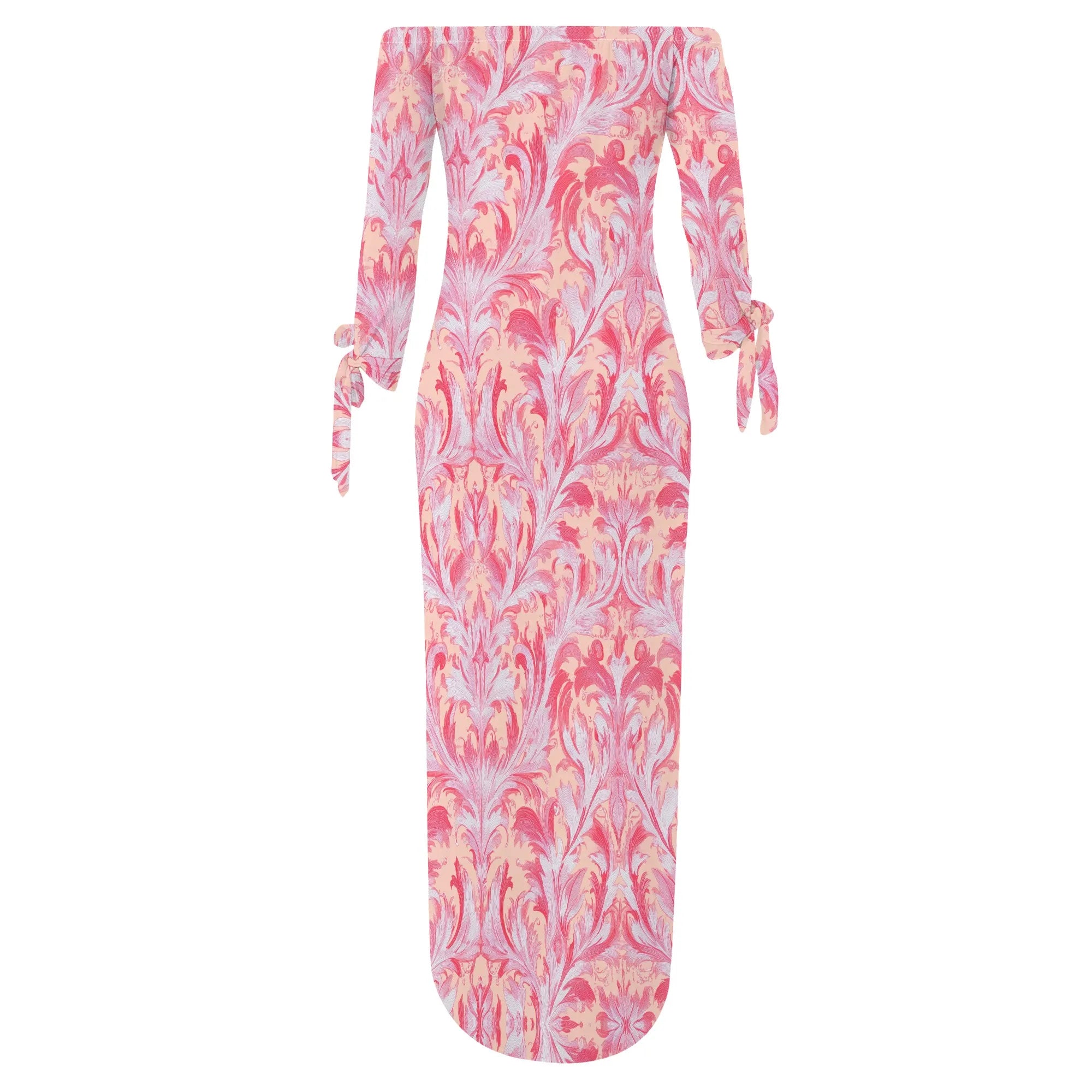 Casual Pink Butterfly Print Maxi Dress Off Shoulder Long Sleeve Bodycon Dress for Women Spring Vacation Style