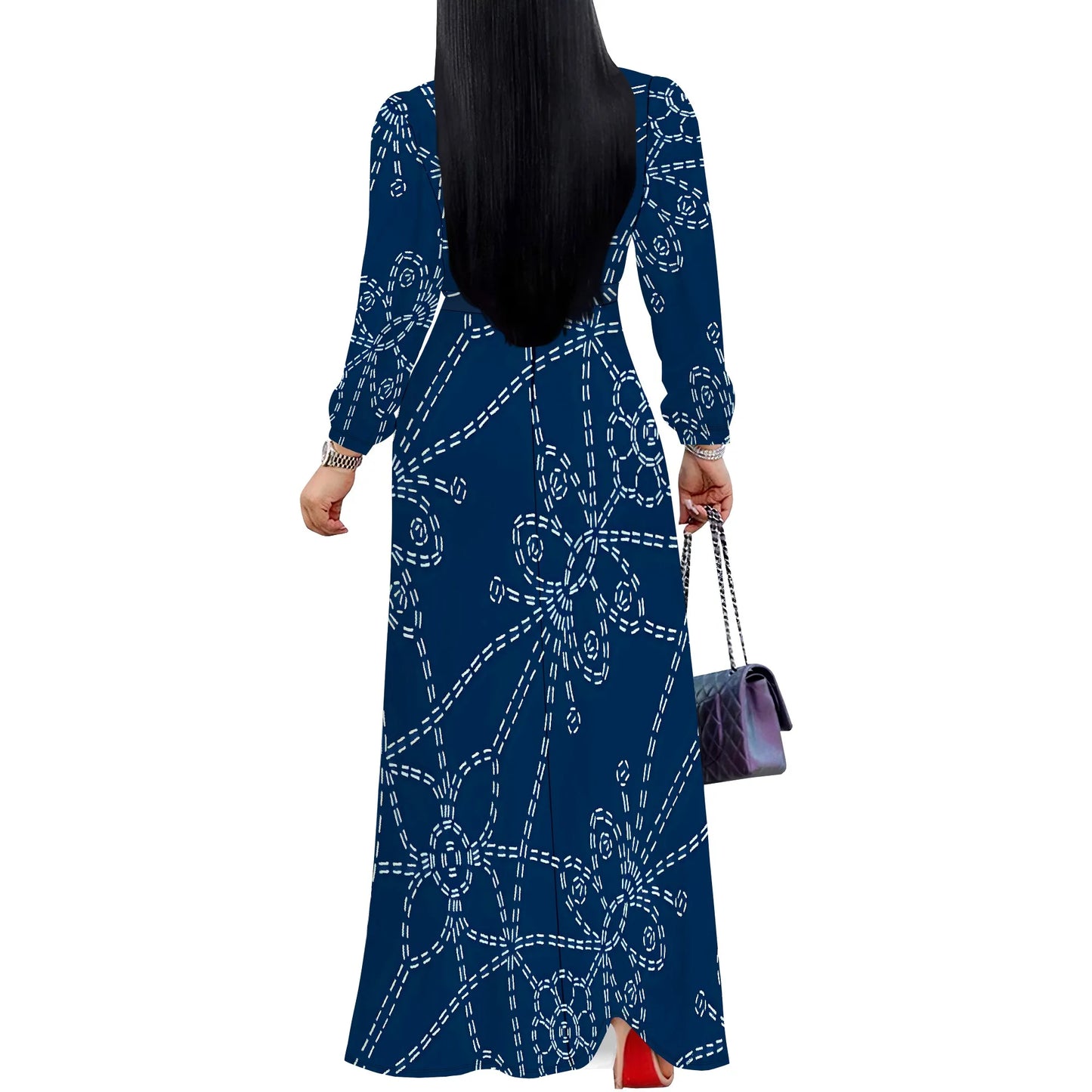 Elegant V-Neck Long Sleeve Geometric Print Maxi Dress for Women Autumn Vacation Style