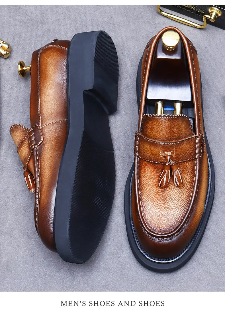 YETTIES Soft Leather Elegant Mens Dress Loafers Shoes Luxury Genuine Leather Tassel Thick Soled Wedding Social Formal Shoes