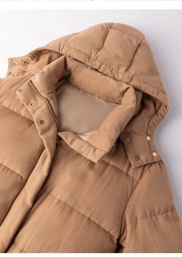 Women's Luxury Puffer Wool Winter Jacket, Duck Down Coat, Long Hat Detachable Hooded Outerwear For Ladies
