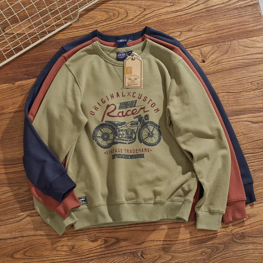 Herfst Nieuwe Amerikaanse Retro 450g Dikke Fluwelen Motorfiets Bedrukte Sweatshirts Heren Eenvoudige Gewassen Jeugd Casual Pullover Sportkleding