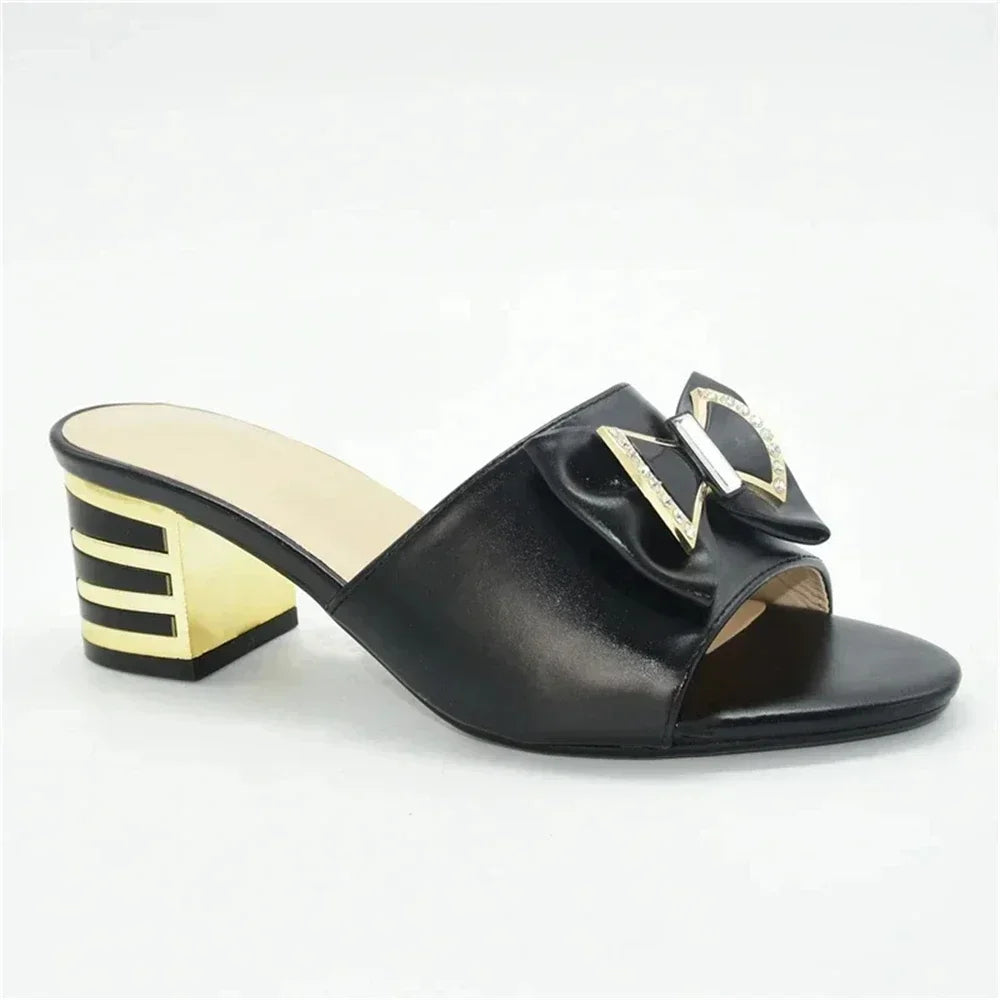 Women's Italian High Heel Slippers Shoes with Metal Trim and Rhinestones for Ladies Suitable for Autumn Wedding