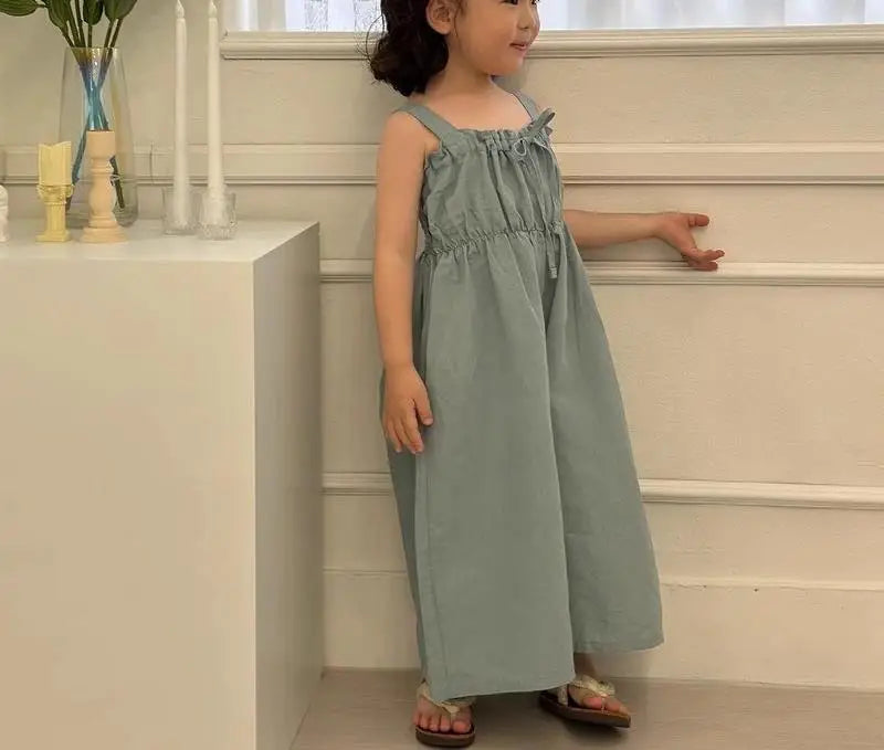 2025 Zomer Nieuwe Meisjes Mode Sling Wijde Pijpen Broek Katoen Kinderen Casual Overalls Kinderen Jumpsuit Effen Baby Meisjes Losse Broeken 4-6Y