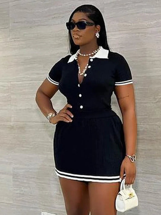 Women's Fashion Patchwork 2 Piece Set Polo-Neck Single-Breasted Tops + Ruched Ruffles Mini Skirts Y2K Style Street Outfits