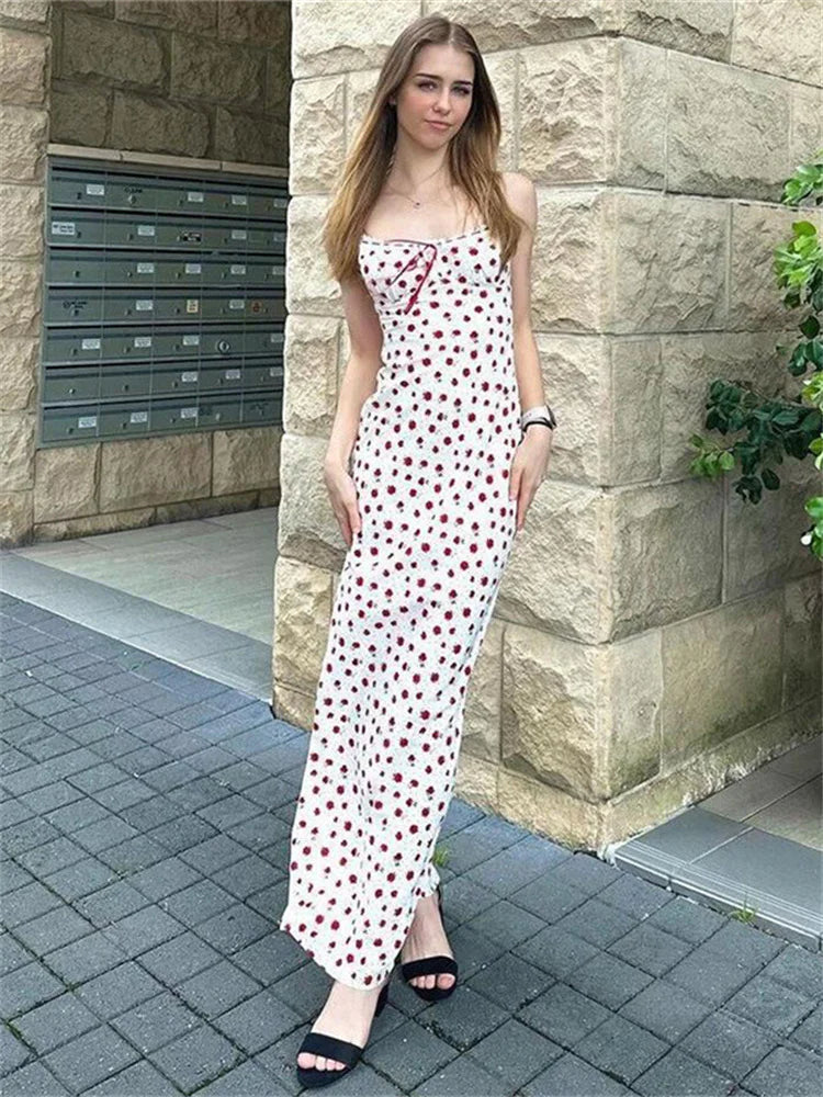 Rose Print Dress Women Square Collar Sleeveless Irregular Sweet Girl Street Fashion Birthday Party Trend Long Bodycon