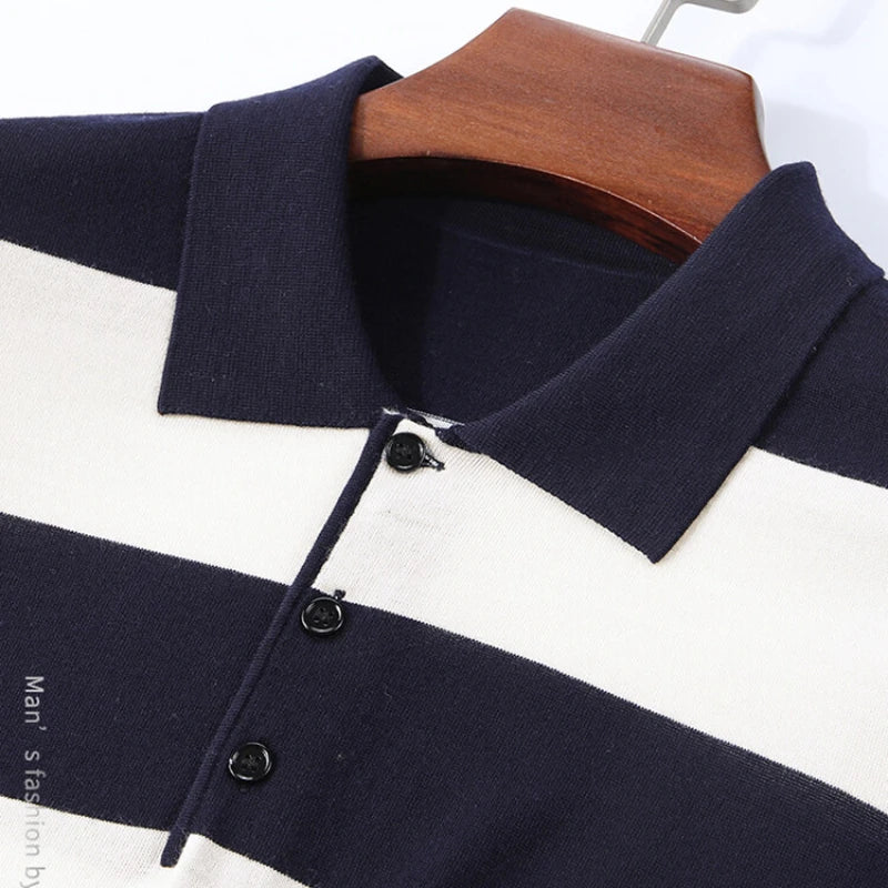 Men's Autumn & Winter 48-Count Worsted Basolan Wool Striped American T-Shirt with Polo Collar – Machine Washable & Loose-Knit