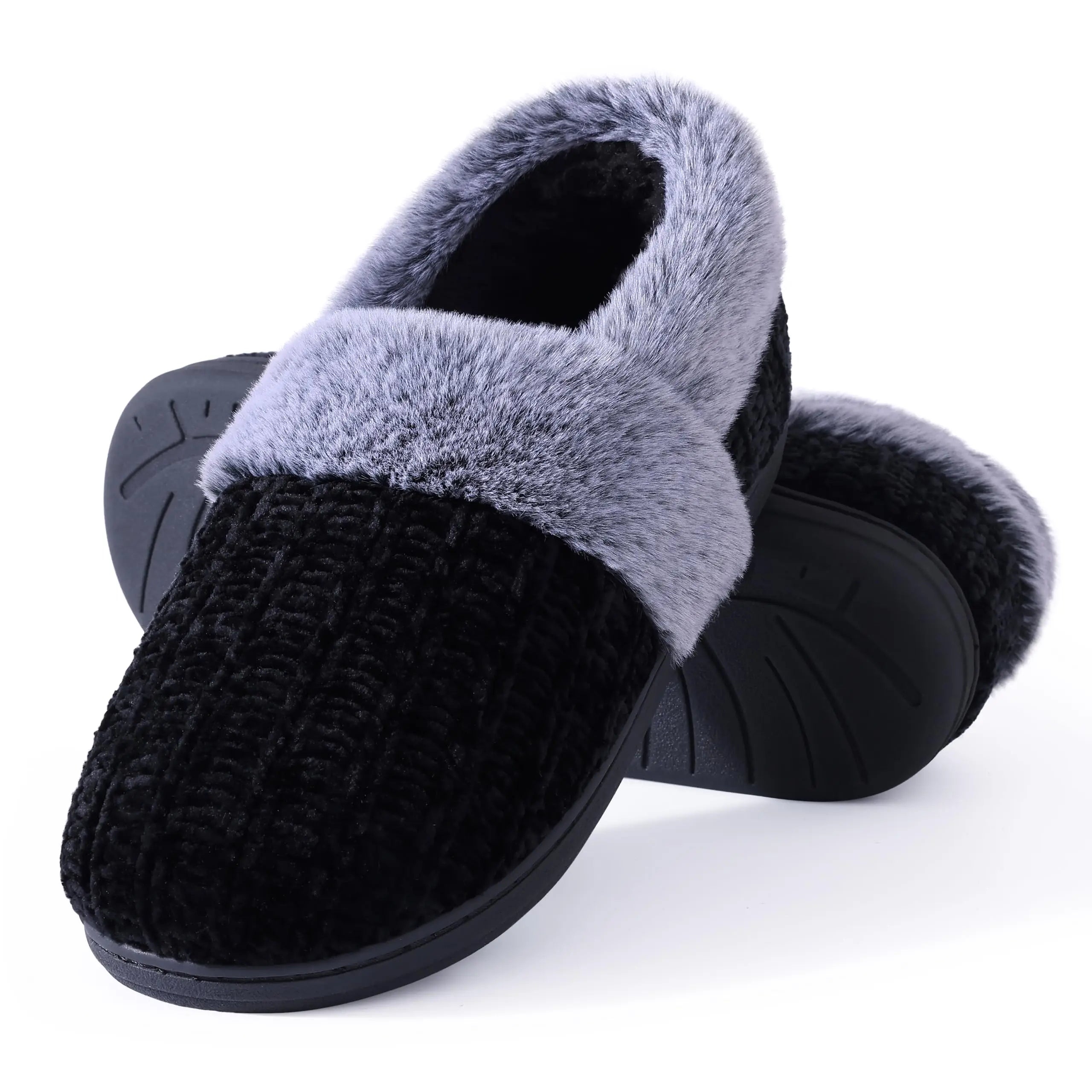 Women's Fleece Lined Warm House Cotton Slippers With Memory Foam and Non-Slip Cosy Fluffy Sole Plush Knit Slides Suitable For Bedroom Use