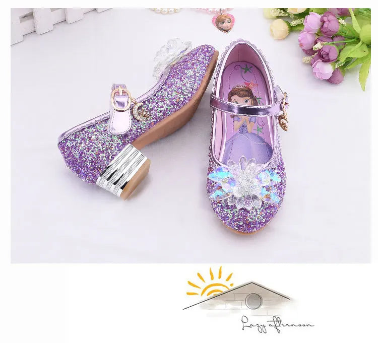 Frozen Elsa Princess Girls Leather Crystal Shoes Glitter Casual High Heels Girls Sandals Pink Blue Silver Elsa Shoes