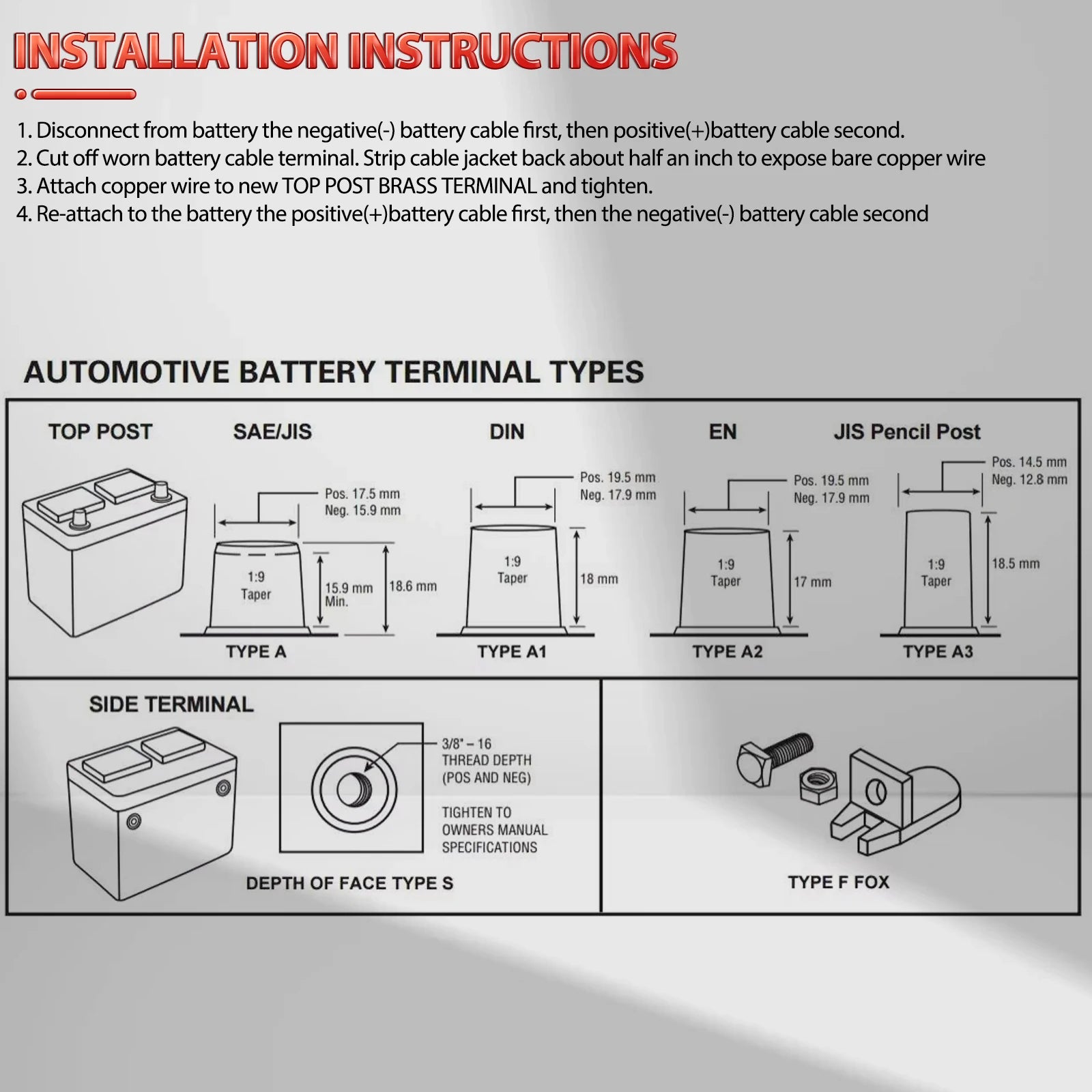 2pcs Pure Brass Car Battery Terminal Wire Cable Clamp Top Quick Post Positive & Negative Connection Clips with Washers Universal
