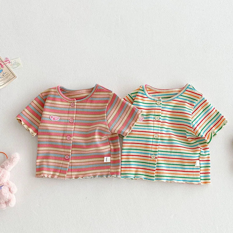 New Summer Girls Colourful Striped Cardigan Kids Short-Sleeved Knitted Sweater Children Cute Lace Bow Jeans 0-5Y Girls