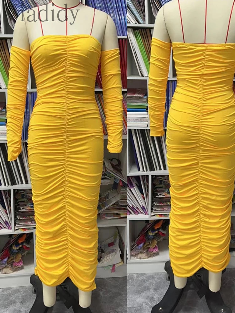 Solid Ruched Bodycon Dress Long Sleeve Strapless Club Dresses Clothes for Women