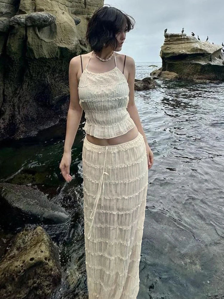 Sexy See-Through 2 Piece Set Women Lace-Up Halter Backless Crop Tops + Ruched Elegant Skirts Vacation Beach Party Suits