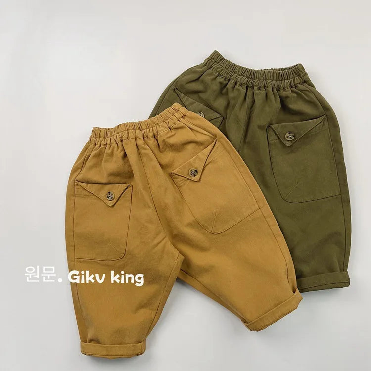 2025 Herfst Nieuwe Kinderen Losse Broeken Baby Meisjes Effen Vintage Casual Broek Peuter Jongens Veelzijdige Cargo Broek Kinderkleding 4-6Y Unisex