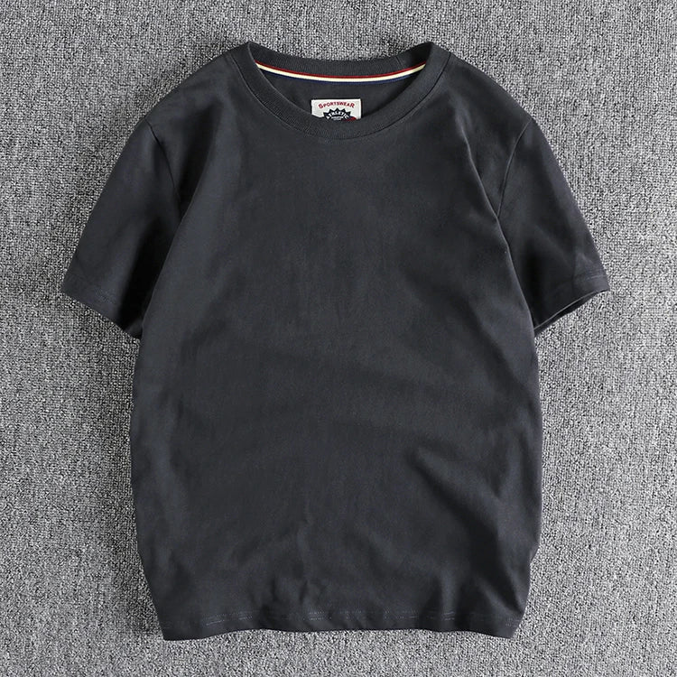 Summer New American Retro Short-sleeved O-neck Solid Color T-shirt Men's Fashion Simple 100% Cotton Washed Casual Sport Tops