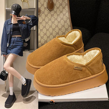 Women's Winter Warm Fuzzy Lining Cotton Shoes Fur Fluffy Slippers For Indoor and Outdoor Use With Anti-Skid Plush Thick Sole Cotton Shoes