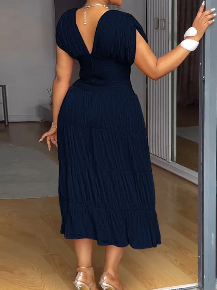 Women Casual Sleeveless Ruched Ruffles Hem Dress