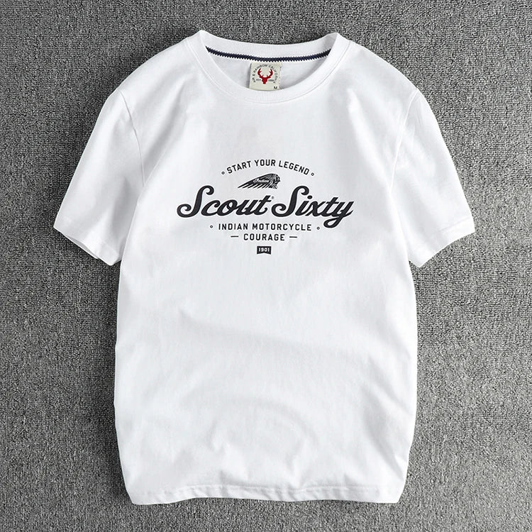 Zomer Nieuw Amerikaans Retro T-shirt met korte mouwen, ronde hals en Indiase letters, eenvoudig, 100% katoen, gewassen, casual, jeugdtops voor heren