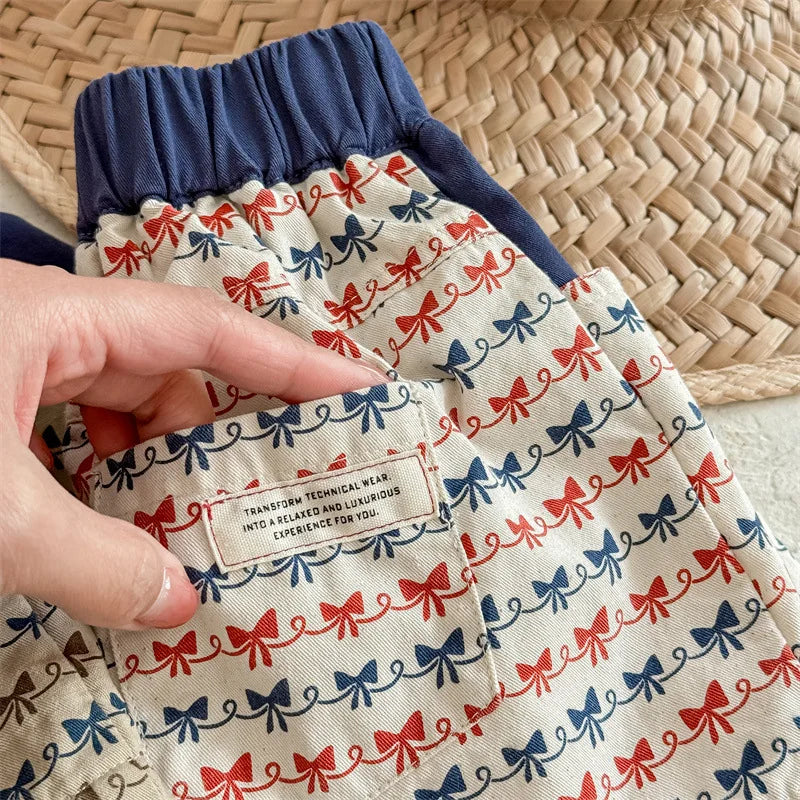 2025 Zomer Nieuwe Baby Meisjes Strik Print Shorts Katoenen Kinderen Losse Shorts Kinderen Veelzijdige Casual Broek Ademende Peuterkleding 4-6Y