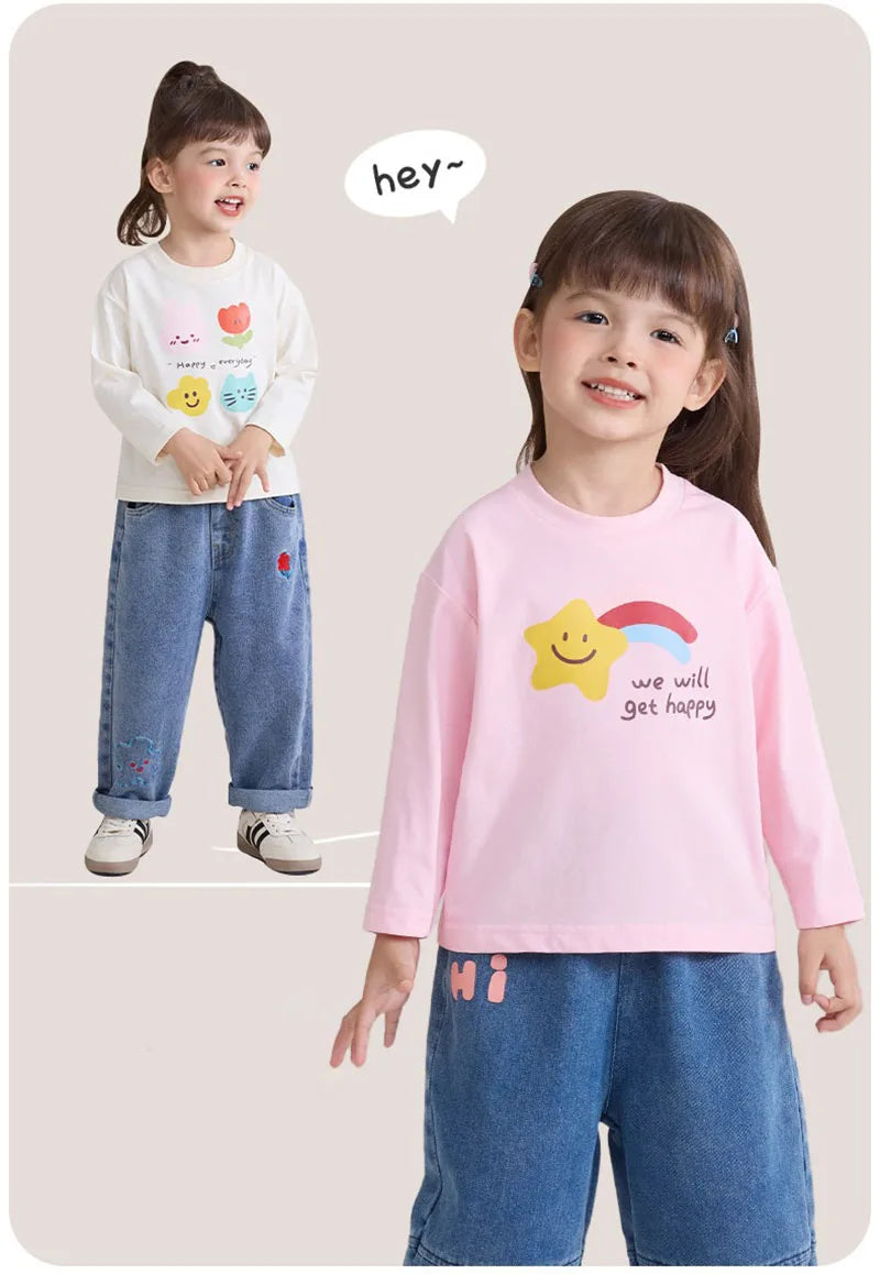 New Spring Girls Boys Cute T-shirt Kids Cartoon Letter Star Flower Undershirts Children Thin Style Bottoming Shirt 7T Unisex