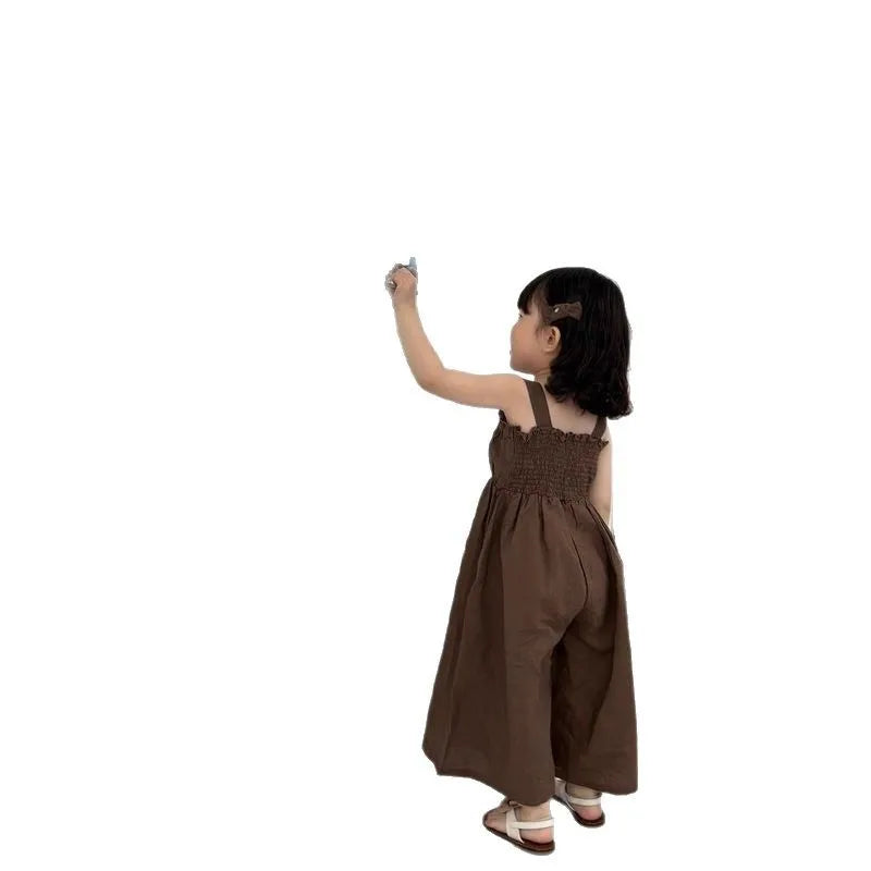 2025 Zomer Nieuwe Meisjes Mode Sling Wijde Pijpen Broek Katoen Kinderen Casual Overalls Kinderen Jumpsuit Effen Baby Meisjes Losse Broeken 4-6Y