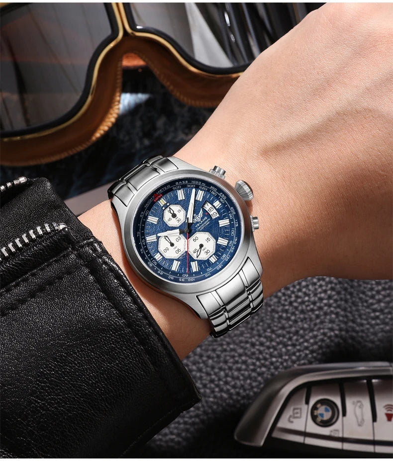 Yelang Men's Three Eyes Six Needles Japan OS00 Movement 100M Water Resistant Waterproof Diving Stainless Steel Quartz Watch