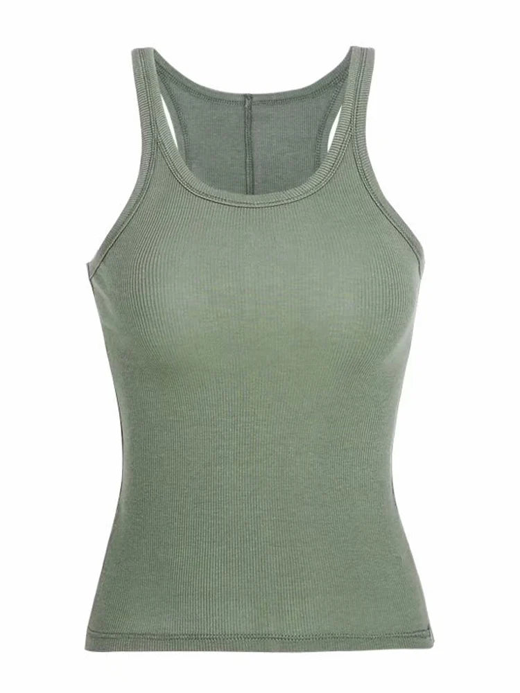 Solid Colour Basic Ribbed Knitted Tank Top Women Summer Vintage Sleeveless Cami 90s Cool Girls Streetwear Green Soft Tees