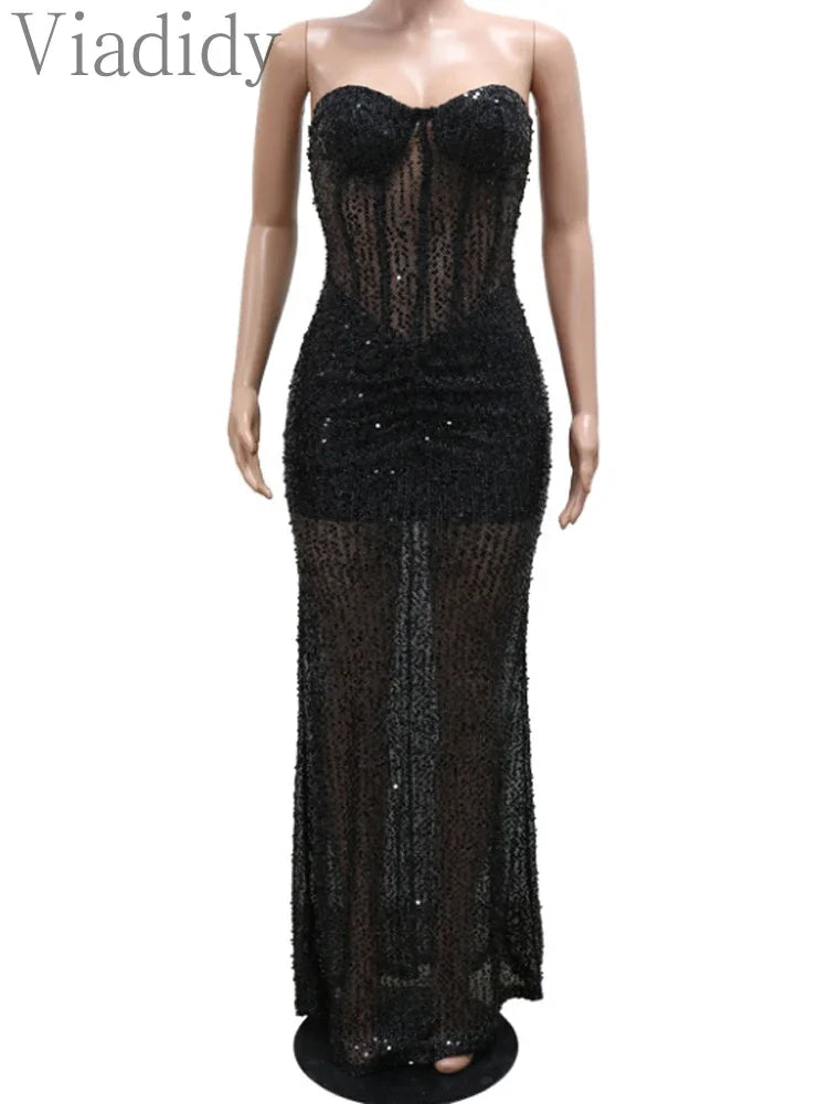 Sexy Strapless Sequin Party Dresses Long Cocktail Formal Prom Dress