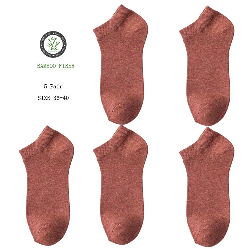 5 Pair Women's Ankle Bamboo Fibre Socks Solid Colour Summer Breathable Casual Short Socks High Quality Woman Boat Socks Set