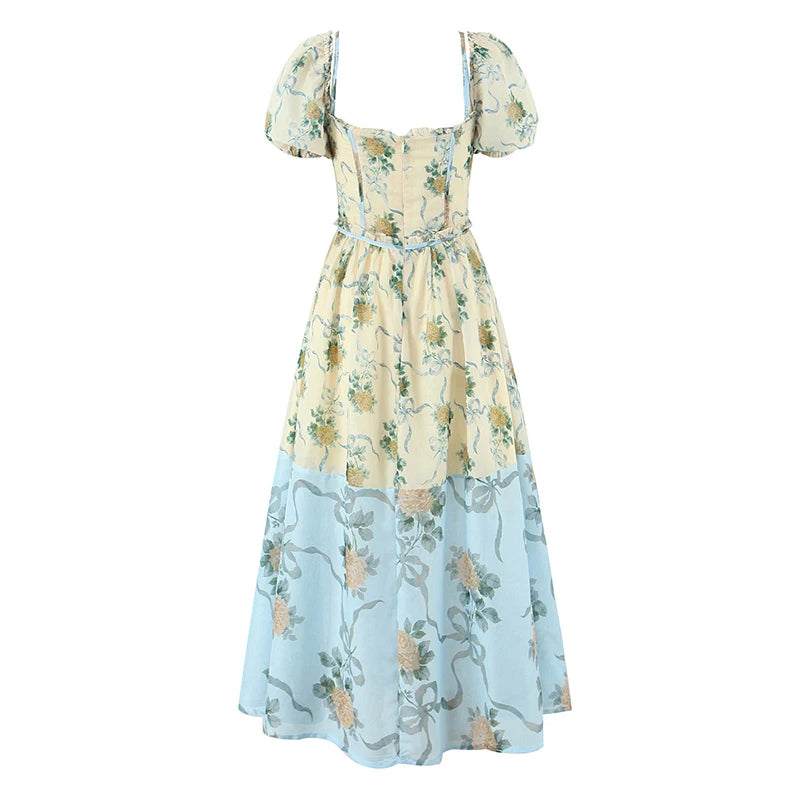 Patchwork Floral Print Boho Summer Dresses Women Vintage Puff Sleeve A-line Midi Chiffon Dress Chic Lady Vacation Robe