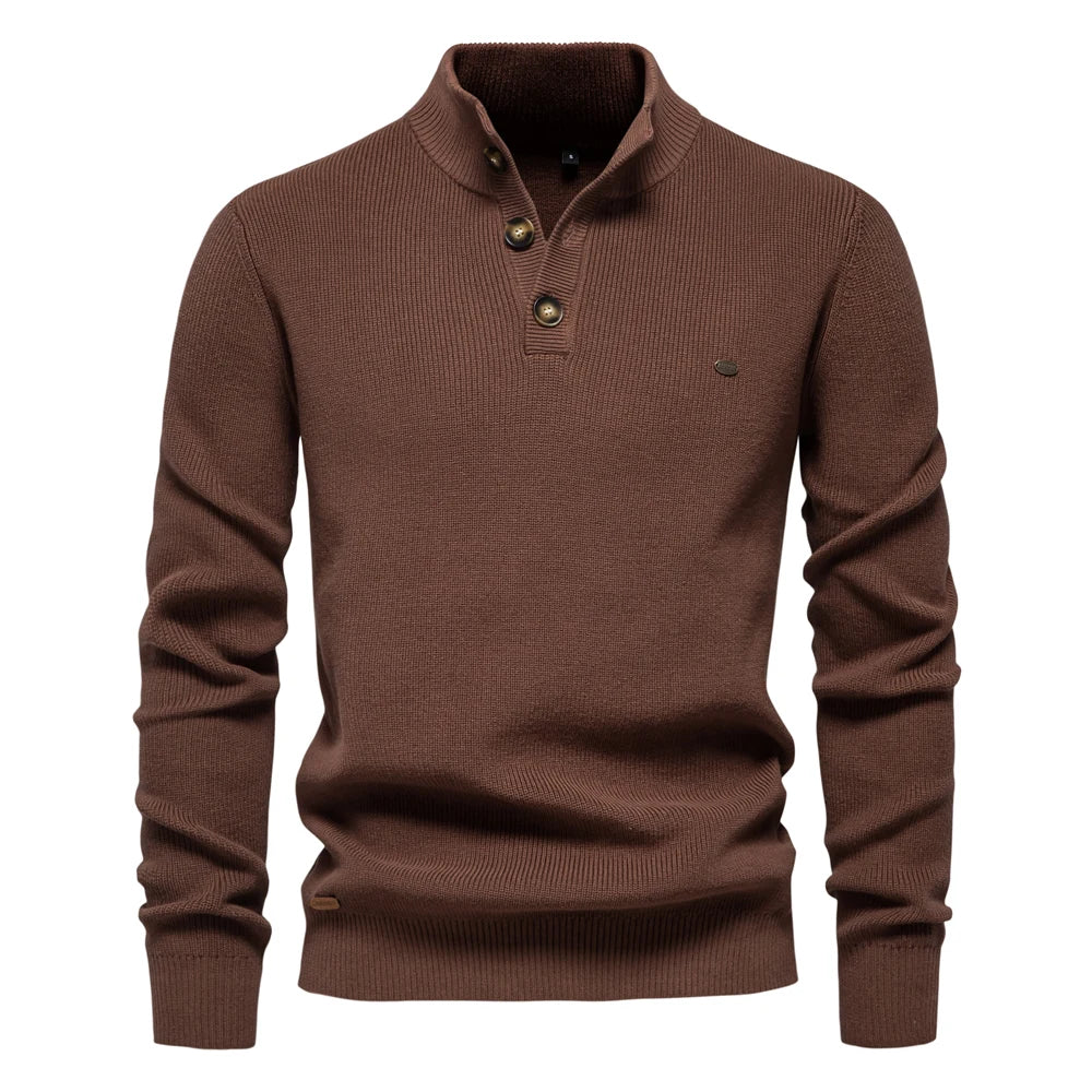 Men's Mock Neck Button-Up Cotton Pullover Sweaters Casual Social Knitted Turtleneck Autumn Winter Sweaters for Men