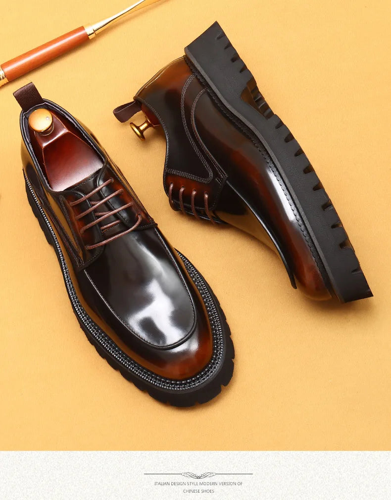 Designer Men's Leather Shoes With Thick Soles Round Toe Glossy Leather Business Dress and Waxed Cowhide Lace-Up British Shoes