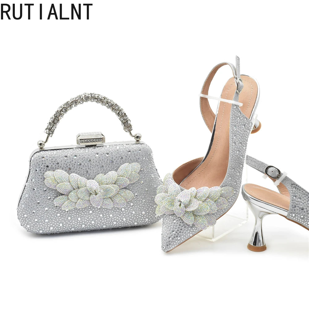 Women High Heel Pointed-Toe Italian Shoes and Bags Matching Set for Ladies Decorated With Rhinestone and Paired with Handmade Petal