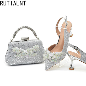 Women High Heel Pointed-Toe Italian Shoes and Bags Matching Set for Ladies Decorated With Rhinestone and Paired with Handmade Petal