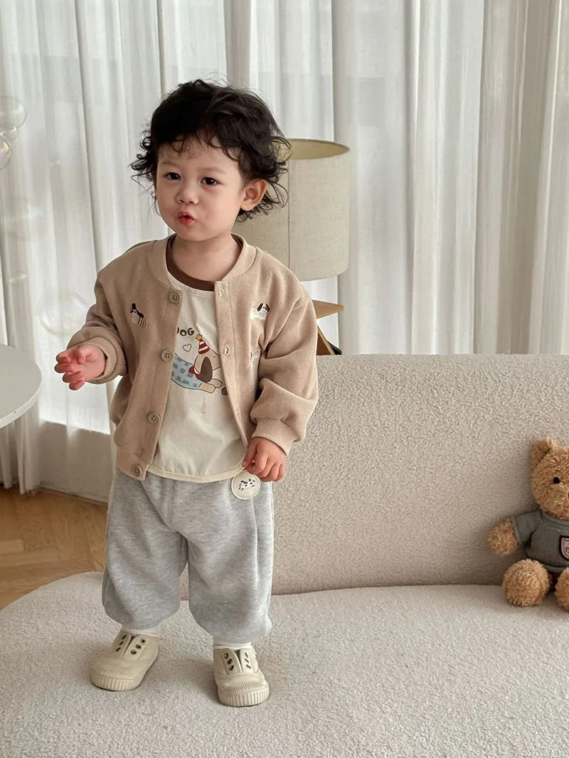 New Autumn Boys Girls Dog Baseball Uniform Cartoon Embroidered Pattern Kids Coat Fashion Children Clothes Pants 9M-5T Unisex