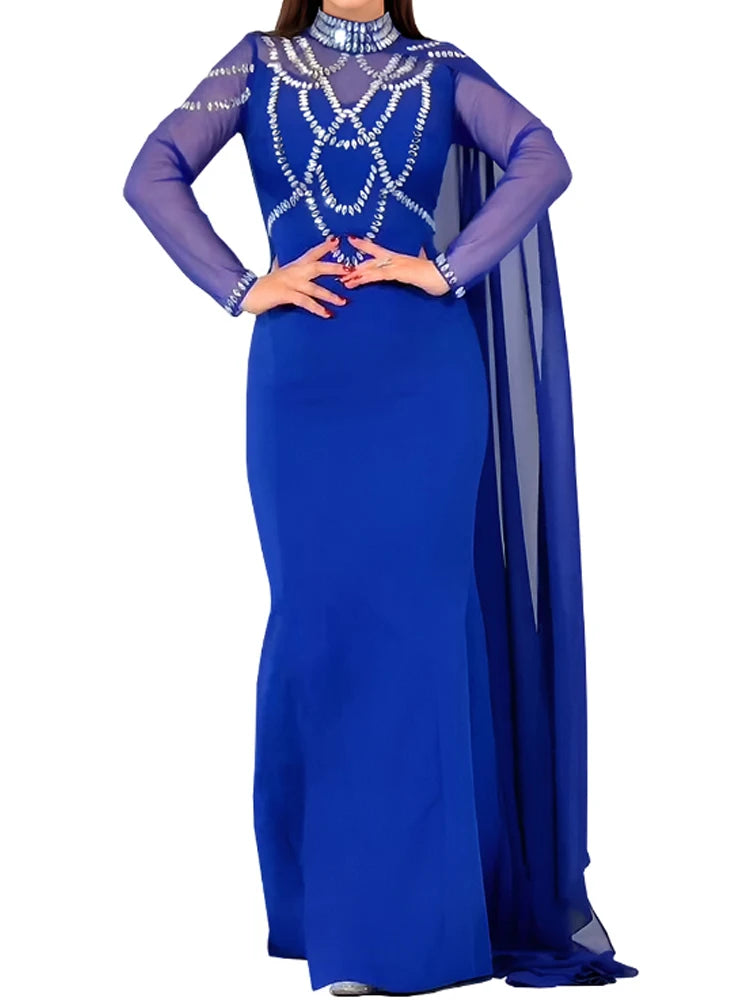 Sexy See Through Long Sleeve Solid Color Sheer Mesh Rhinestone High Slit Party Dress