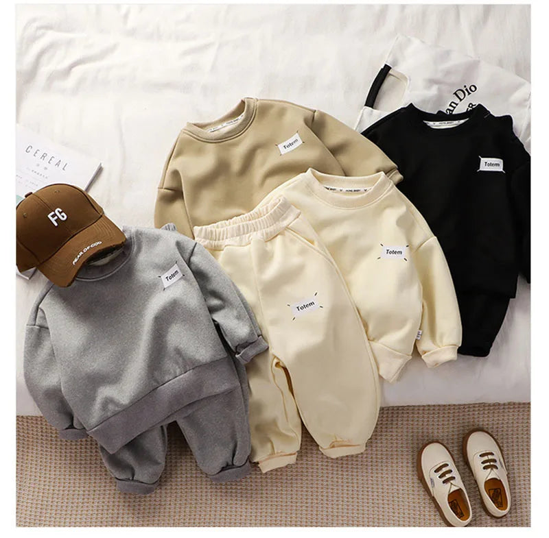 Kids Thicken Clothes Set Girls Cute Solid Colour Letters Sweatshirt + Pants Children Sports Suit Boys 2PCS Outwear 2-8T Unisex
