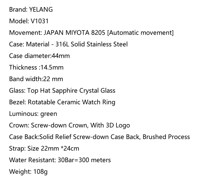 Yelang V1031 Men's Luxury Watch 44mm Diver Automatic Mechanical Movement Sapphire Luminous 300M Waterproof 30BR Japan 8205 Self-Wind