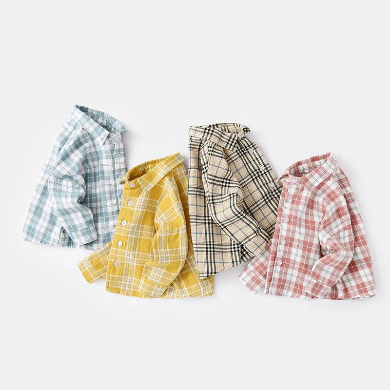 Nieuwe lente kindershirt meisjes jongens dunne stijl kleur blok rooster blouse kinderen baby losse bovenkleding 1-6 jaar unisex