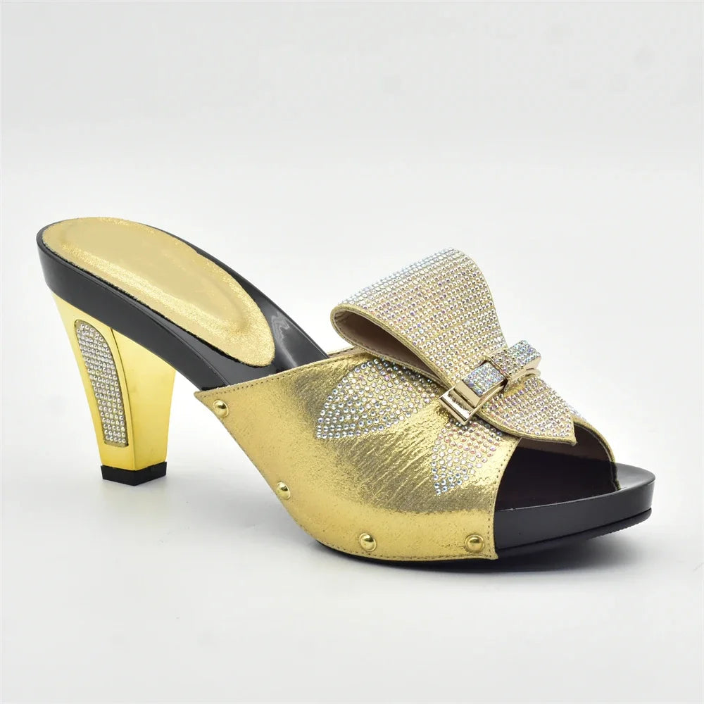 Gold Color Women Slippers Shoes African Women Wedding Shoes Elegant Italian Woman Shoes with Stone High Heels Woman Summer Pumps