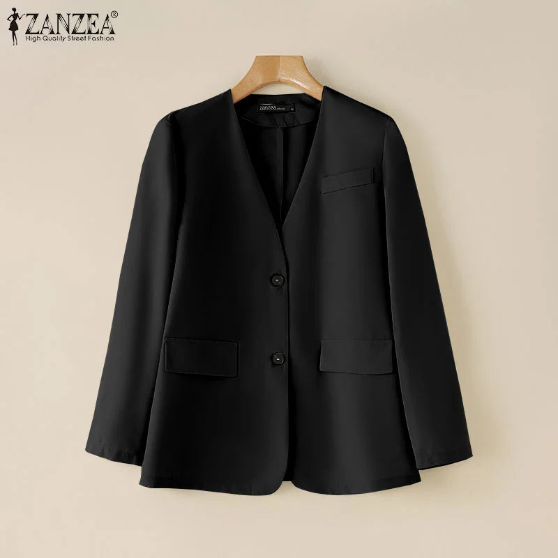 Elegant Solid Suit Jackets Long Sleeve Button Up Autumn 2024 V Neck Outwear Tops Office Lady Women Commute Fashion Blazer