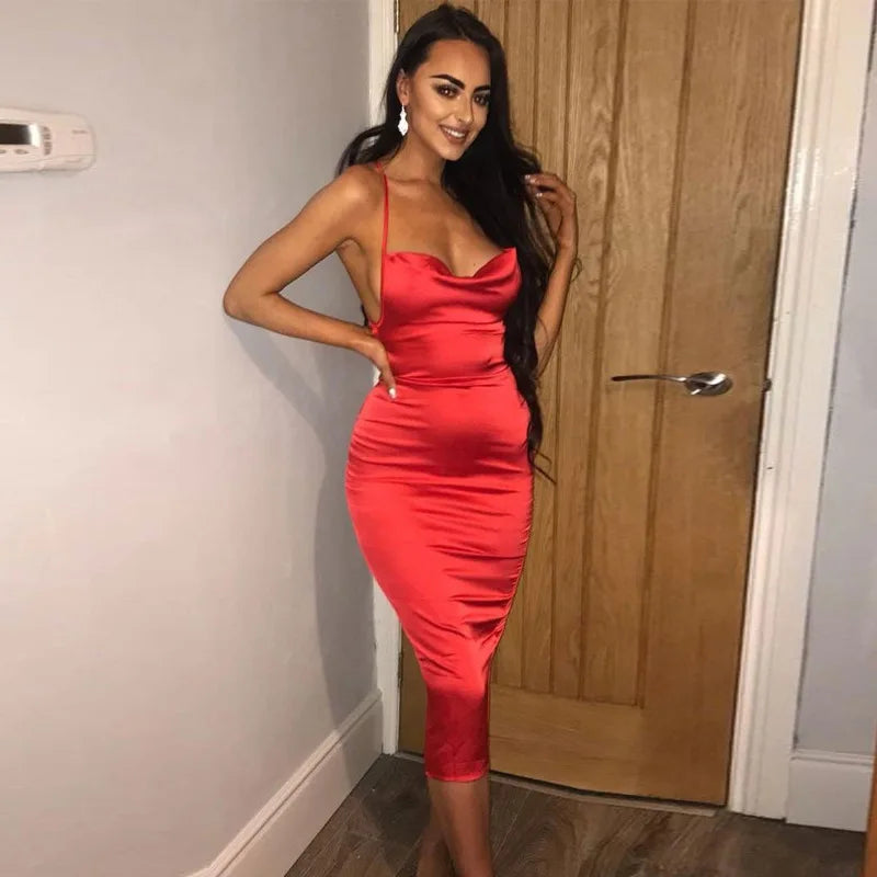 Neon Satin Lace Up Women's Long Midi Dress Light Pink Bodycon Backless Elegant Party Sexy Club Clothes Summer Dinner Outfit