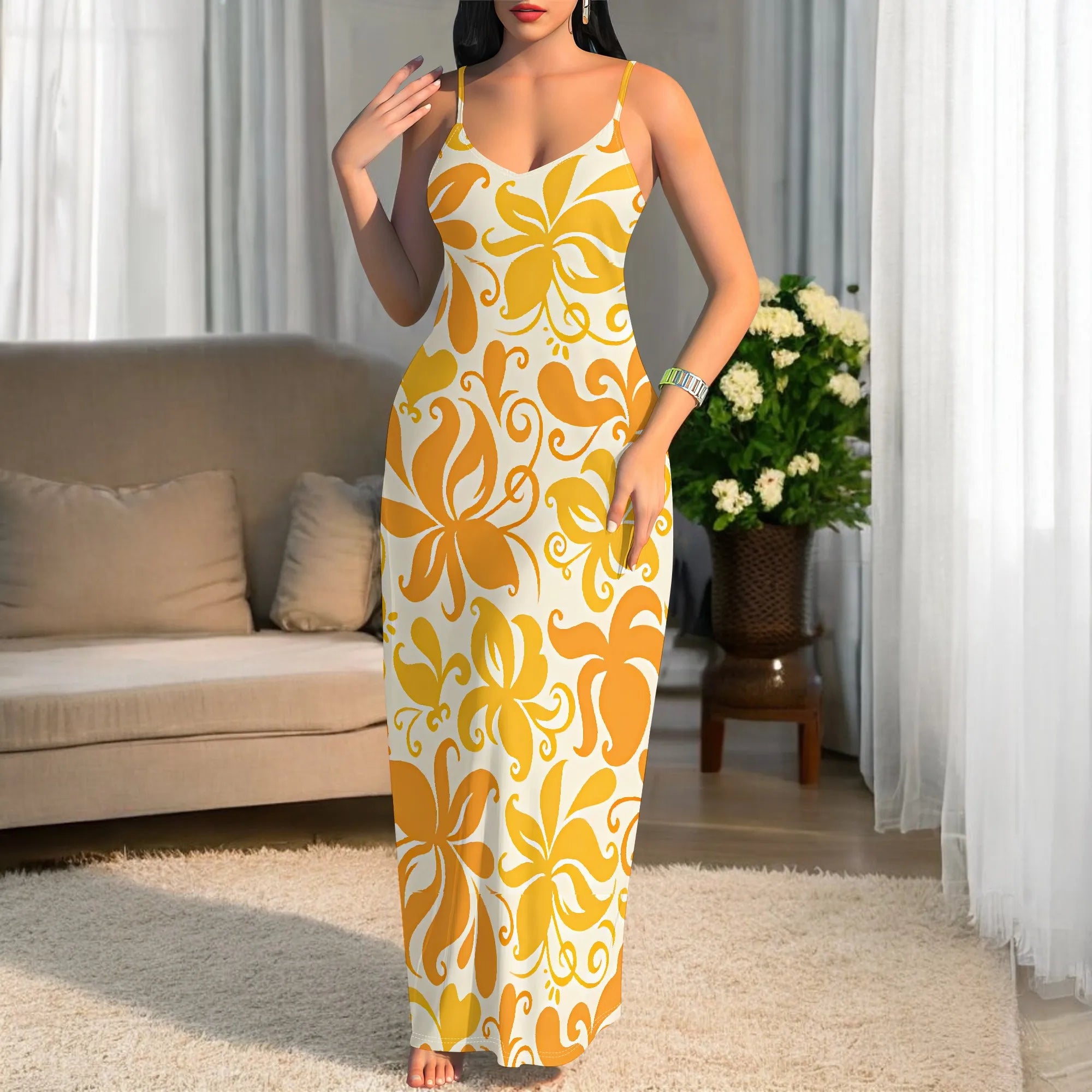 Summer Vacation V Neck Spaghetti Strap Maxi Dress Green Abstract Floral Print Beach Sundress