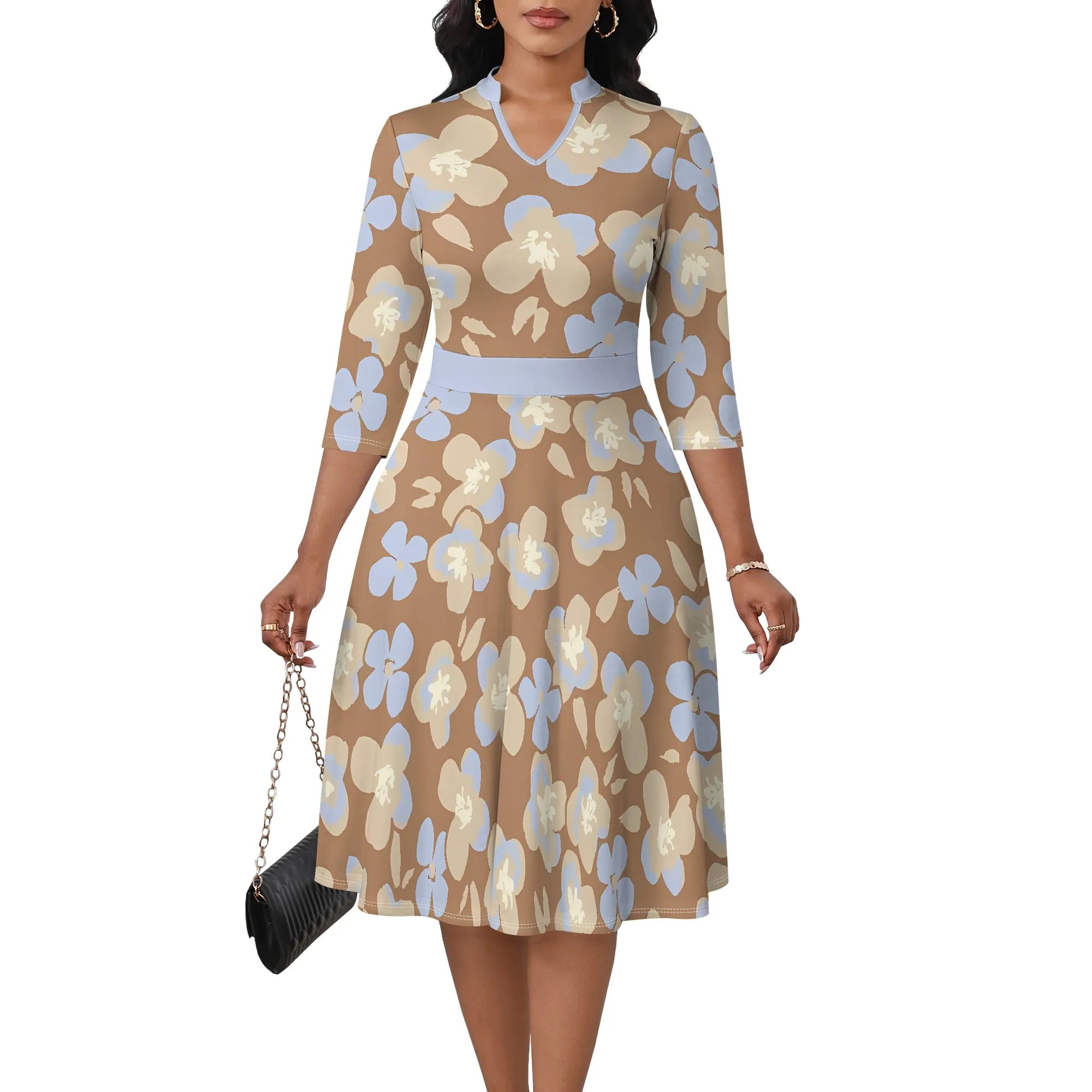 Women's Abstract Off Shoulder Maxi Dress 3/4 Sleeve Blue Gold Slit Party Evening