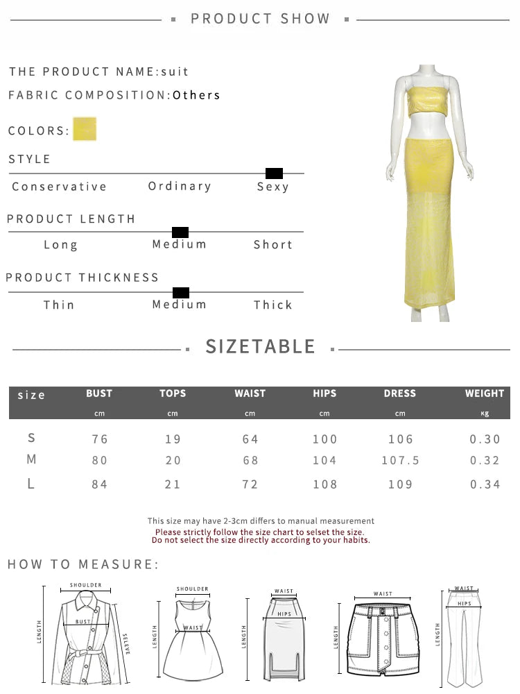 Sequins 2-Piece Set Women Glitter Tube Tops + Long Skirts Skinny Summer Trend Beach Party Matching Vacation Sexy Suit