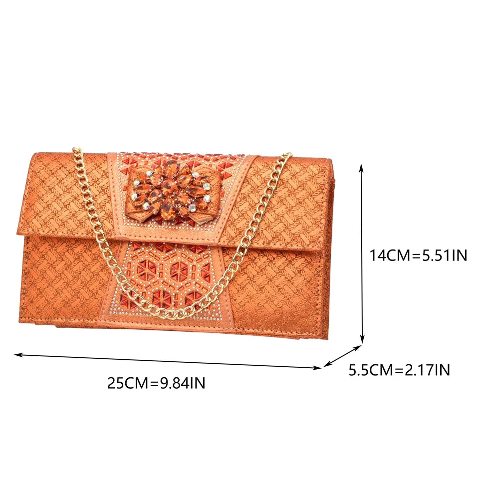 Orange Shoe and Bag Set Luxury Designer Shoes Women Matching Wedding Shoes and Bags Decorated with Rhinestone