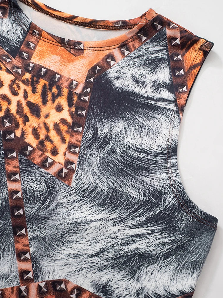 Colourful Print 2 Piece Set Women Casual O-Neck Tank Tops + Skinny Shorts Matching Hottie Sexy Sporty Activity Tracksuit