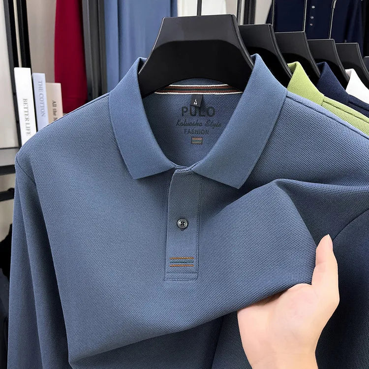 Men's Autumn 100% Breathable Cotton, Long-Sleeve Polo Shirt - Classic Cotton Collared T-Shirt With Business Casual Design