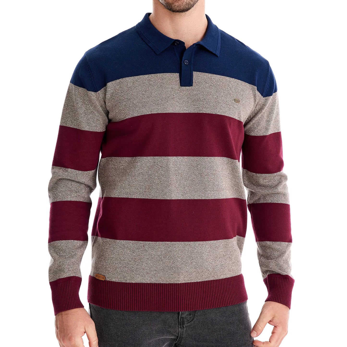 Herren-Pullover mit Streifen aus Baumwolle und Polokragen zum Knöpfen, lässiger Business-Pullover für Herren