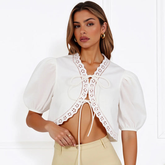 Women's Shirts Summer Fashion Eyelet Embroidery Lace-Up Open Front Plain Cropped Puff Sleeve V-Neck Casual Shirts